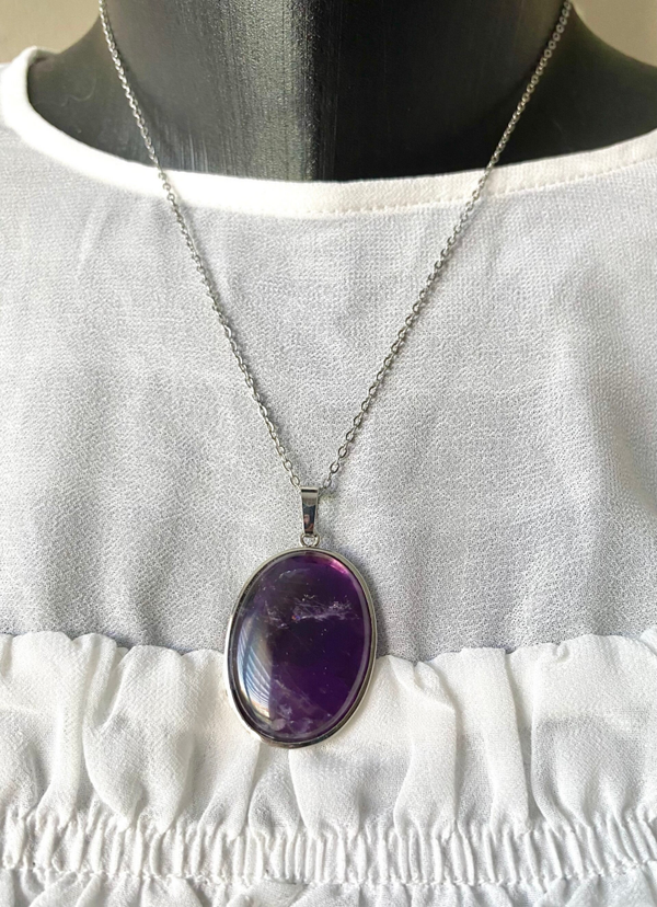 Collier chaîne inoxydable, plaqué argent Améthyste