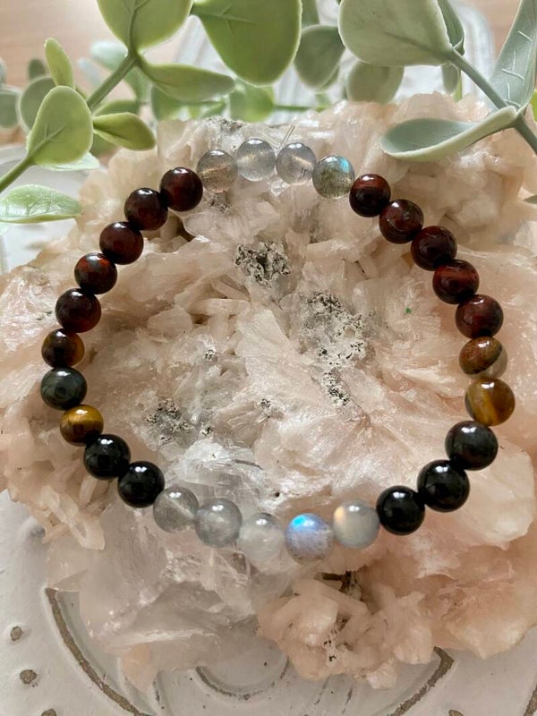 Bracelet Labradorite, oeil de tigre, oeil de taureau, tourmaline noir ( numéro 293)