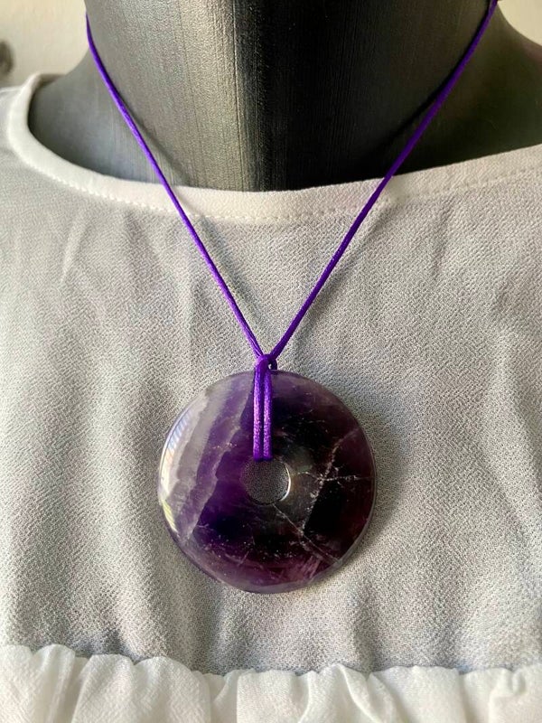 Collier cordon violet réglable, grand Donut Améthyste