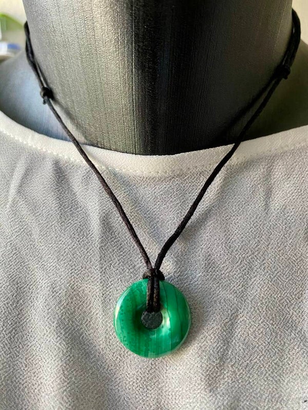 Collier cordon noir réglable, petit Donut Malachite