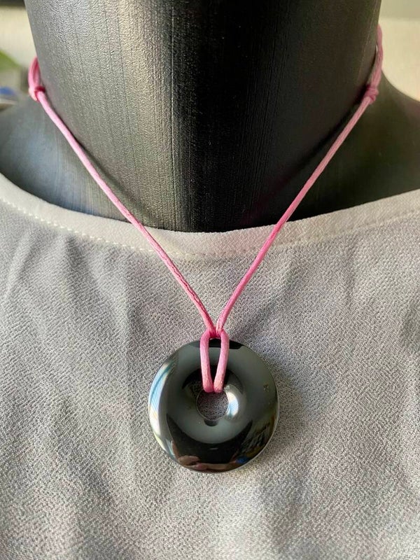 Collier cordon rose réglable, Donut Hématite