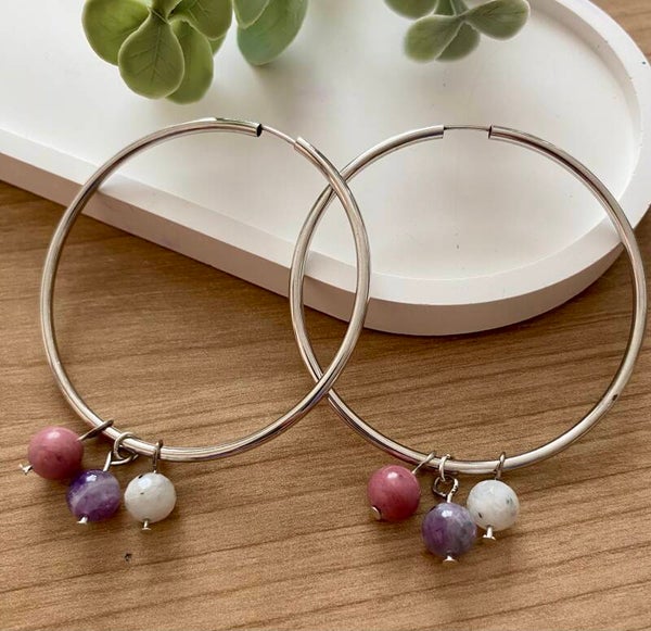 Boucles d’oreilles Pierre de lune blanche, Améthyste et Rhodonite (numéro 300)