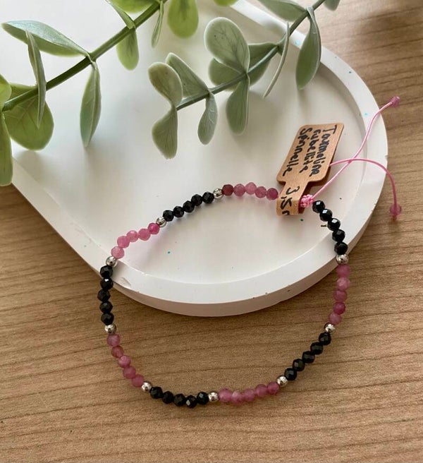 Bracelet Tourmaline rose (rubellite) et Spinelle noir (numéro 340)