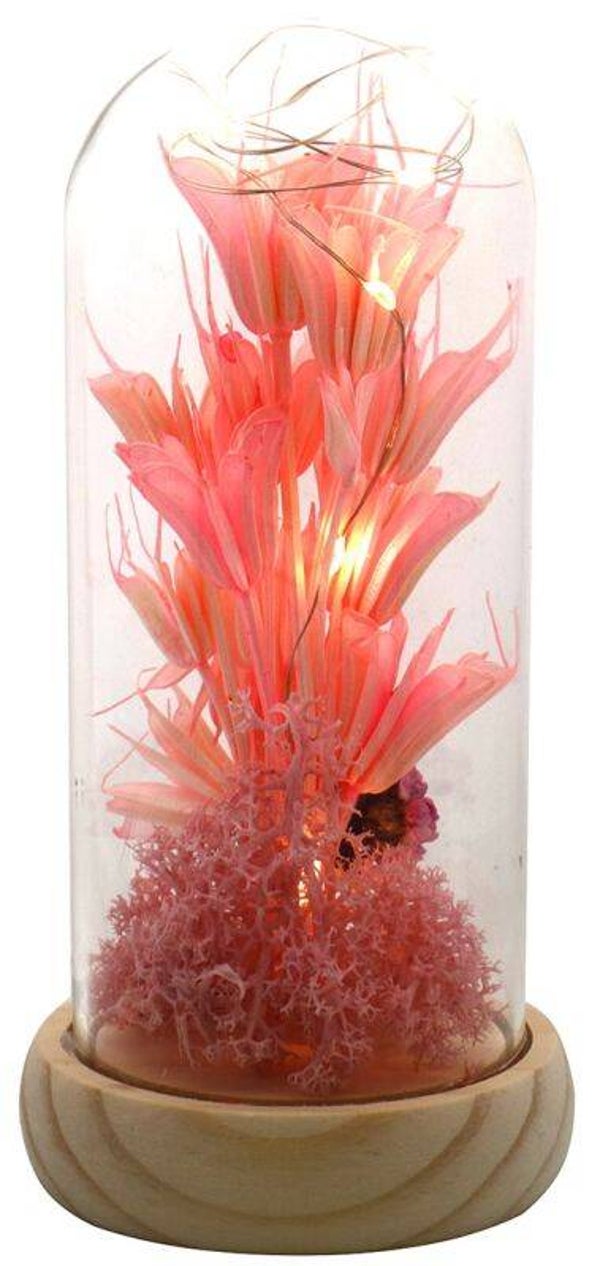 Glazen Stolp met gedroogde bloemen  17 x 8 cm Roze
