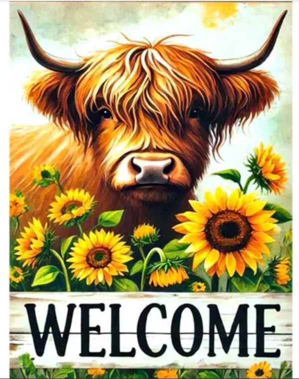 Diamond painting (ronde steentjes) Canvas 40x30 cm Highland cow Welcome