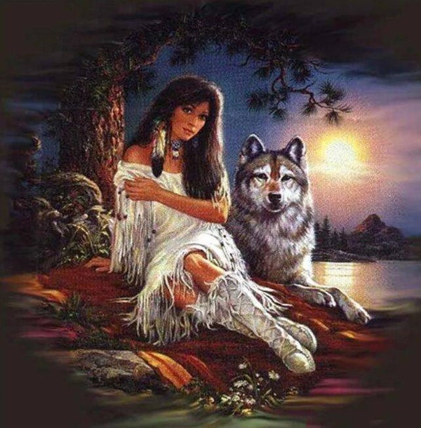 Diamond painting (ronde steentjes) Canvas 40x50 cm Indiaanse dame and Wolf