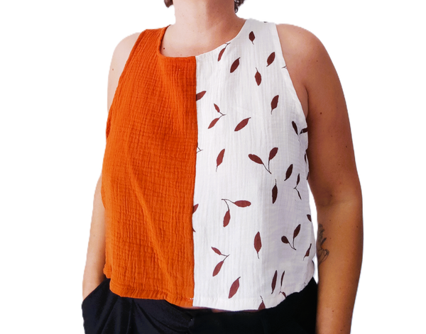 Camisa Bicolor Naranja flores marrones - AGOTADA