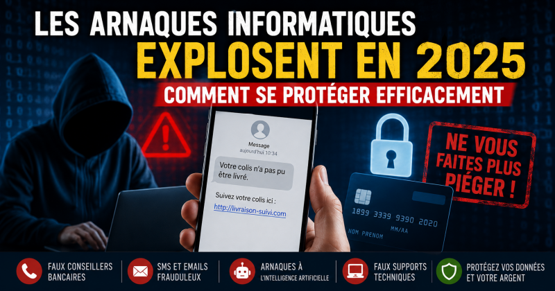 Affiche de sensibilisation aux cyberarnaques en 2025 montrant un hacker encapuchonné, un smartphone avec un faux SMS de livraison, une carte bancaire et des symboles de sécurité numérique. Le visuel alerte sur les faux conseillers bancaires, les SMS fraud