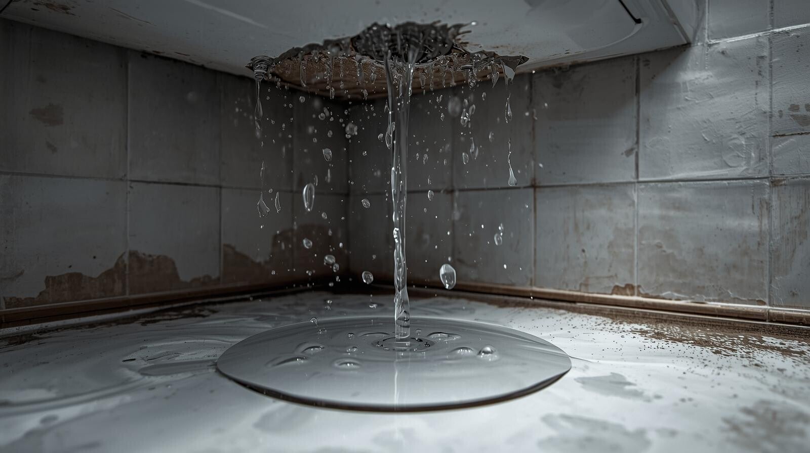 Voorbeeld van lekkage in badkamer: vochtsporen en wateroverlast