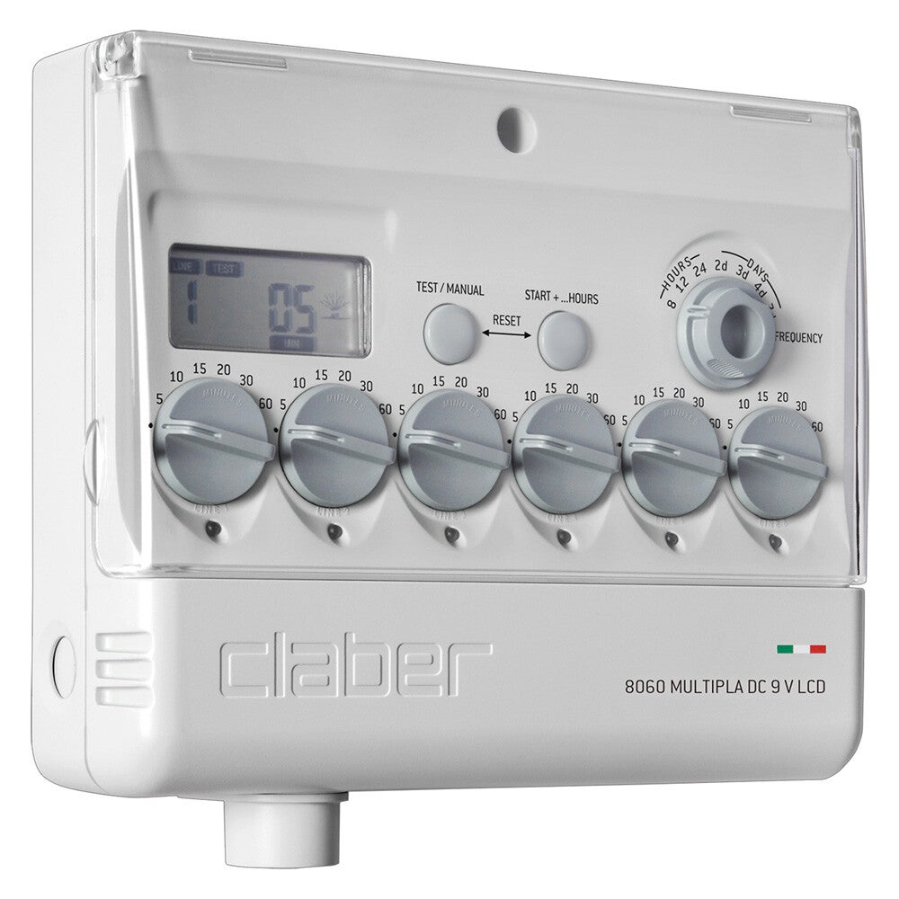 Programmatore irrigazione Claber Multipla DC 9V LCD 8060 – 6 linee, tempi 5–60 min - cod. 6155570