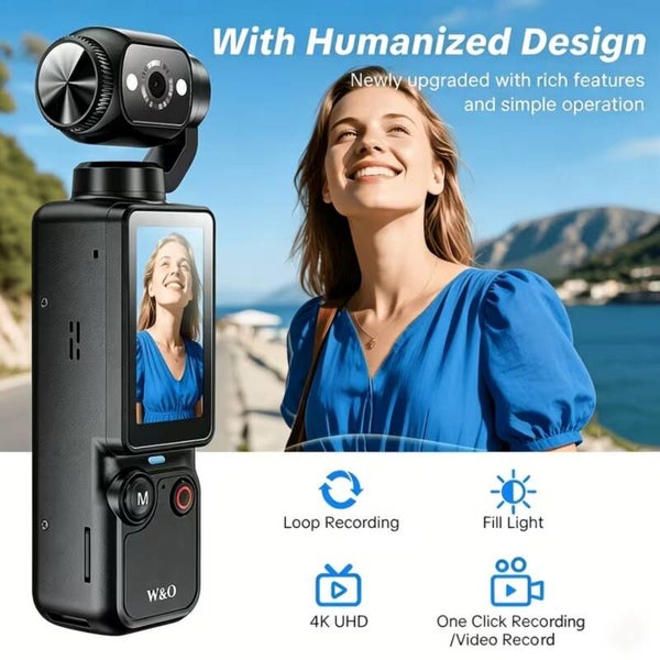 Kalandula steel - W&O 4K HD Video Capture Pocket Camera 100W Pixels 2000mAh Battery 180° Swiveling Display USB-C Charging 32GB Memory Card