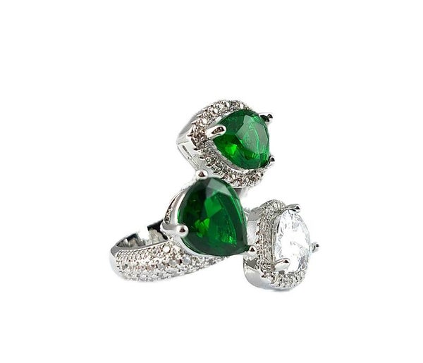 Emerald and White Zircon Open Ring