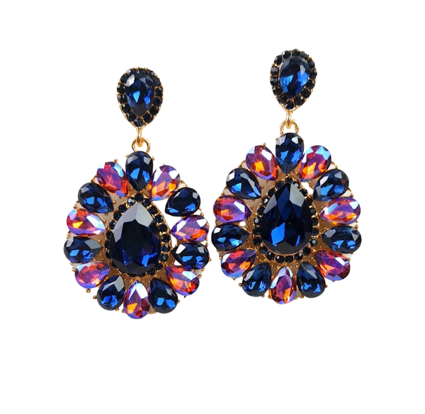 Dark Blue and Pink Flower Dangle Earrings