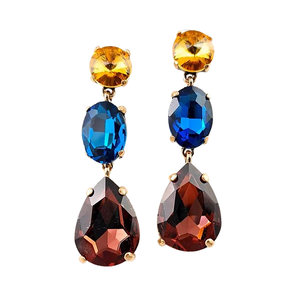Gold, Navy and Deep Rose Rhinestone Dangle Earrings