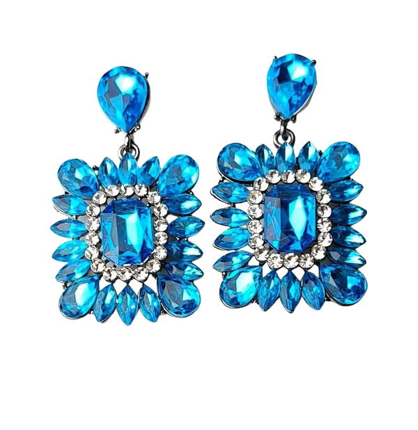 Bright Blue Square Rhinestone Earrings