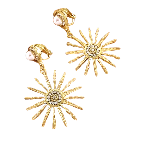 Large Gold Sun and Crystal Clip-On Earrings