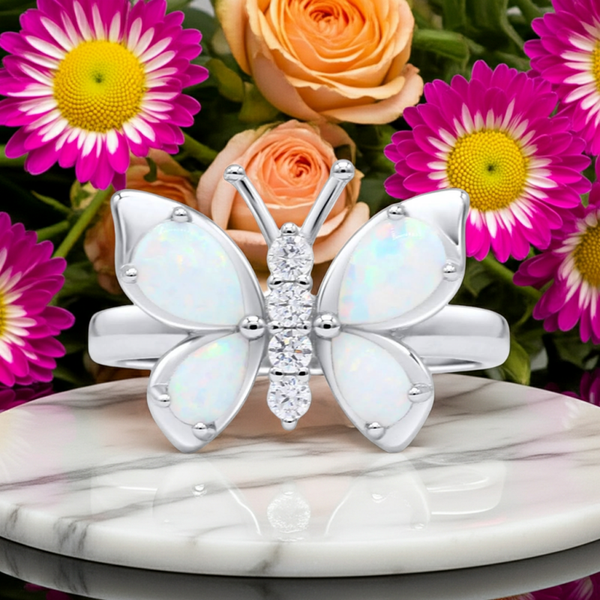 Sterling Silver Opal Butterfly Ring