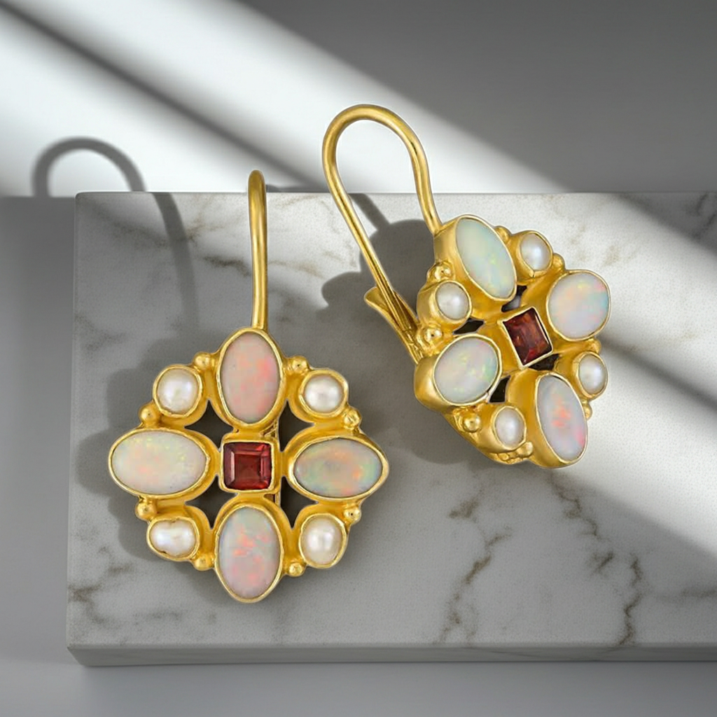 Opal & Pearl Gold Drop Earrings with Red Gem