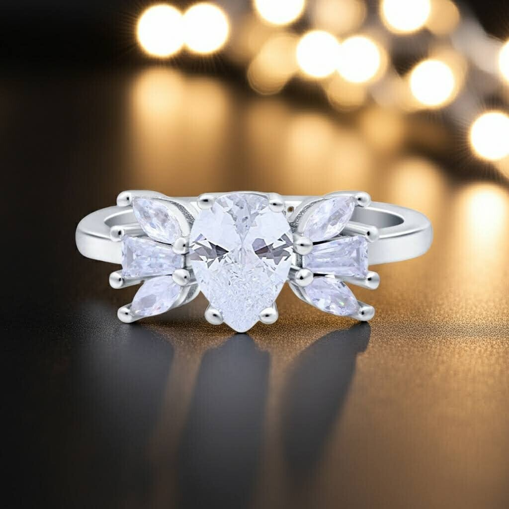 Art Deco Sterling Silver Pear Cubic Zirconia Ring