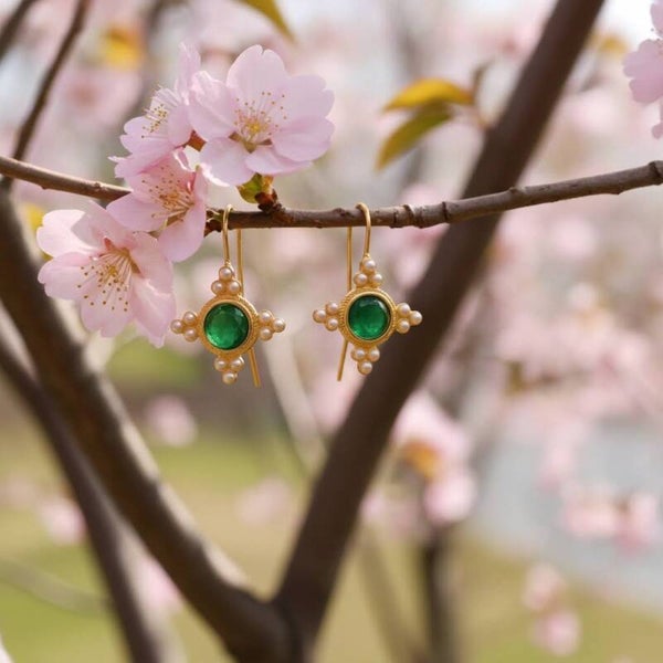 French Retro Emerald and Pearl Earrings