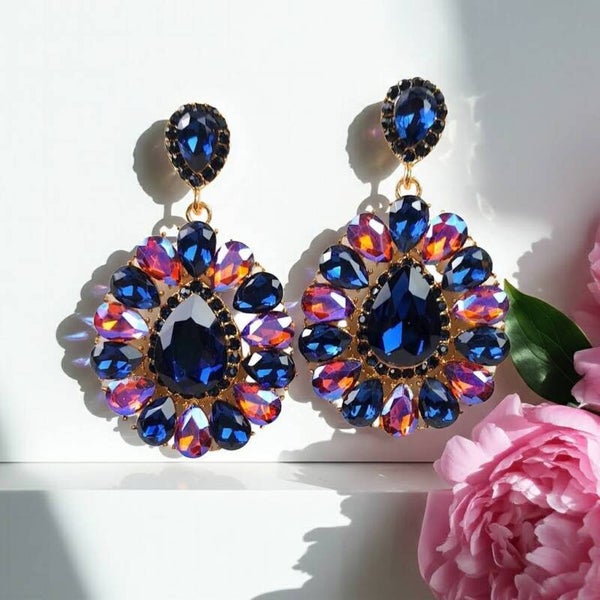 Dark Blue and Pink Flower Dangle Earrings