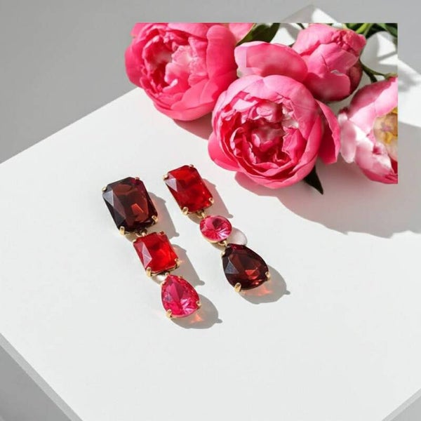 Burgundy, Red and Pink Asymmetrical Dangle Earrings