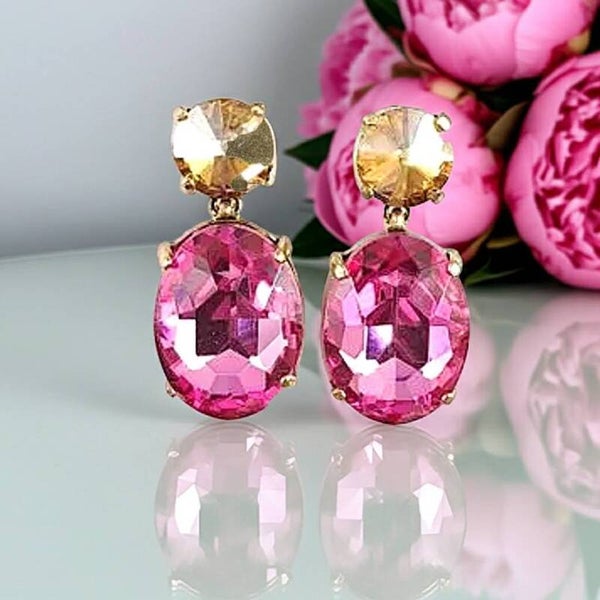 Champagne and Pink Rhinestone Drop Earrings