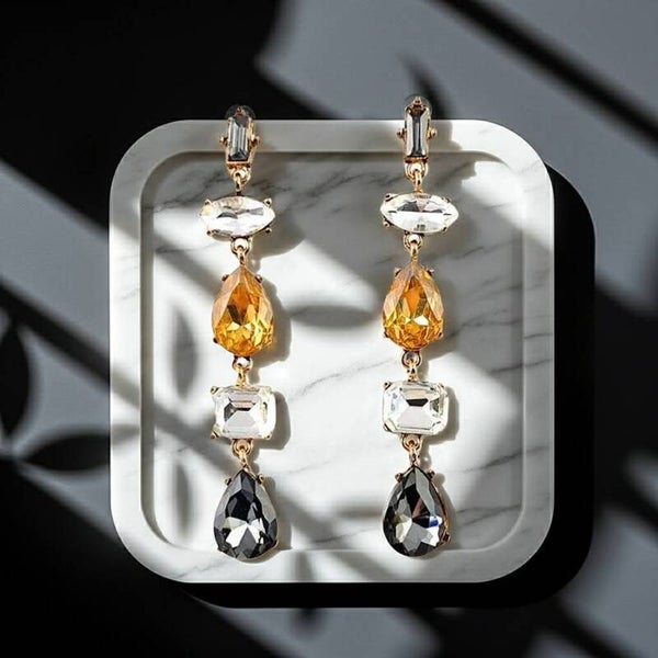 Gray, White and Gold Rhinestone Dangle Earrings