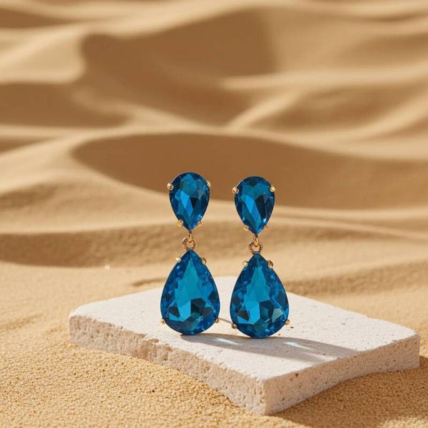 Azure Blue Rhinestone Dangle Earrings