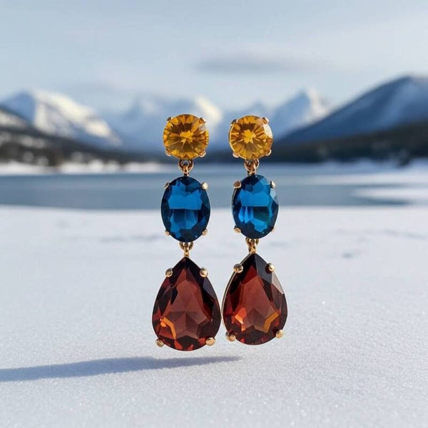 Gold, Navy and Deep Rose Rhinestone Earrings