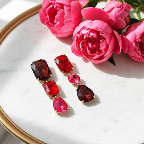 Burgundy, Red and Pink Asymmetrical Dangle Earrings
