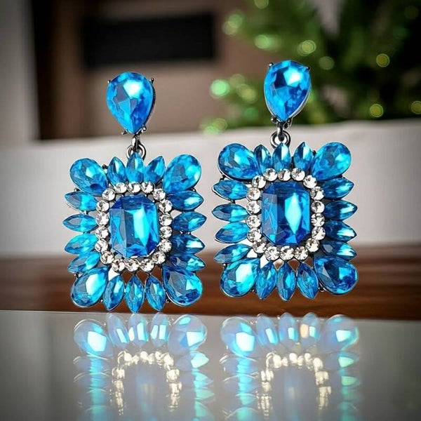 Bright Blue Square Rhinestone Earrings
