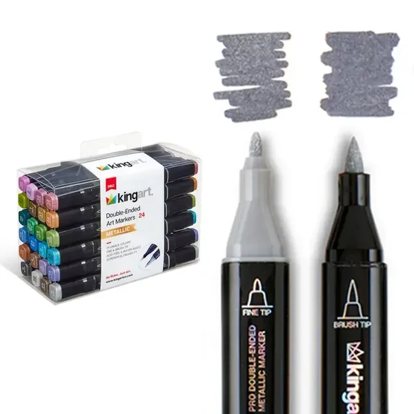 Kingart - dubbelzijdige metallic markers - penseel - fijne punt - 24 levendige kleuren