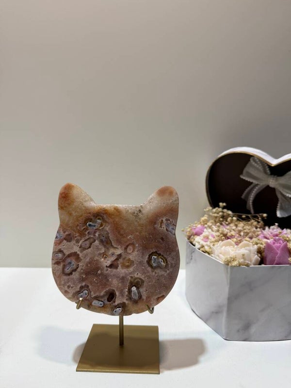 Roze Amethist Kattenhoofd op Standaard - 0,928 Kilogr.