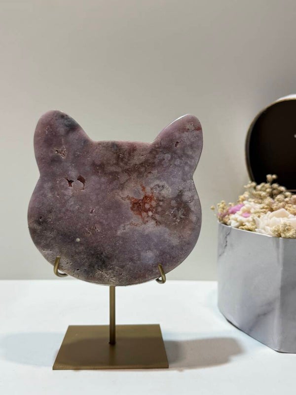 Roze Amethist Kattenhoofd op Standaard - 1,026 Kilogr.