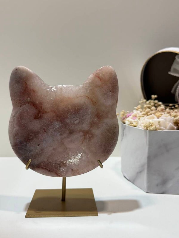 Roze Amethist Kattenhoofd op Standaard - 0,888 Kilogr.