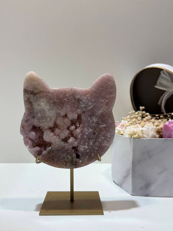 Roze Amethist Kattenhoofd op Standaard - 0,802 Kilogr.