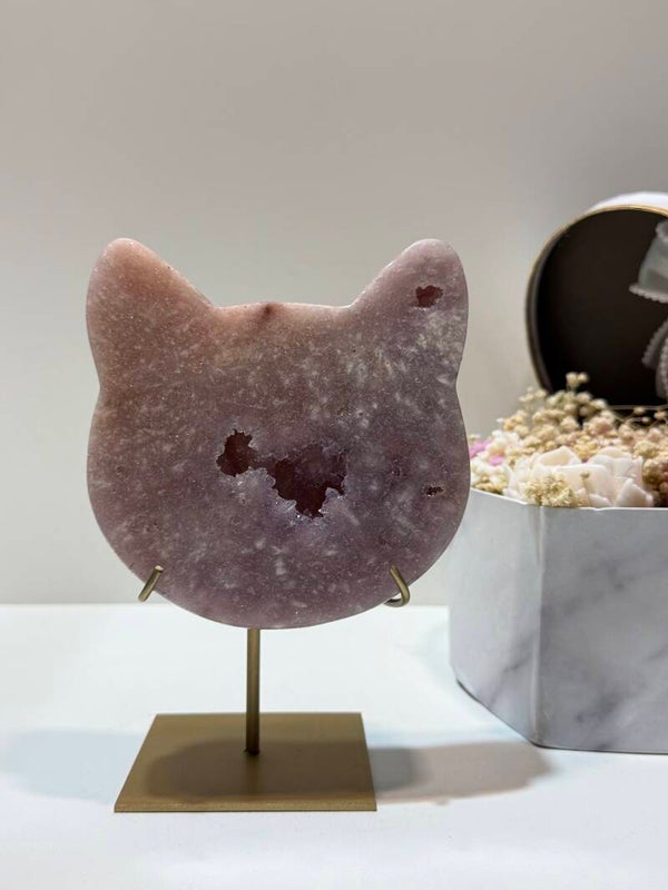 Roze Amethist Kattenhoofd op Standaard - 0,956 Kilogr.