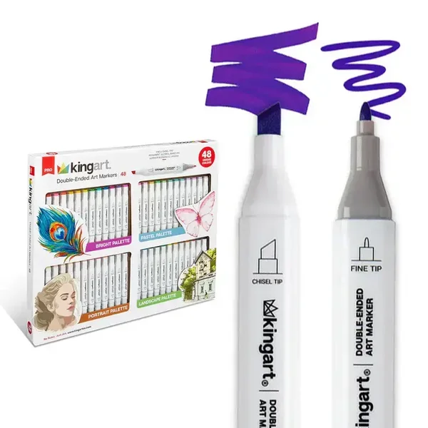 Kingart - Dubbelzijdige alcoholmarkers - 48 kleuren (pastel, felle, landschap en portret)