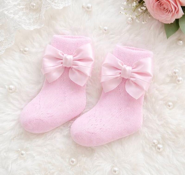 Pink open work bow socks