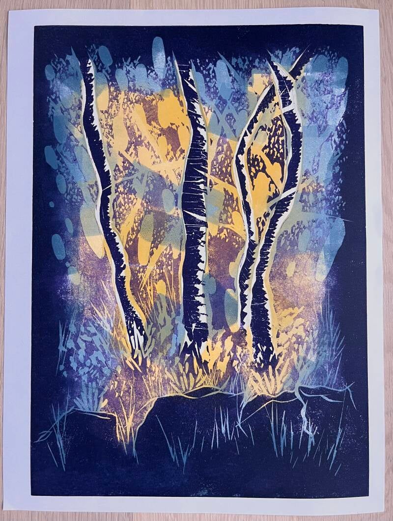 Linoleum over monoprint in Charbonnel Aqua wash inks, on Simili Japon paper