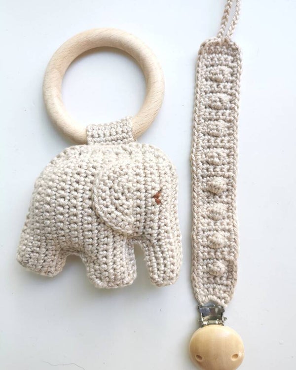 Cadeauset olifant/speenkoord licht beige