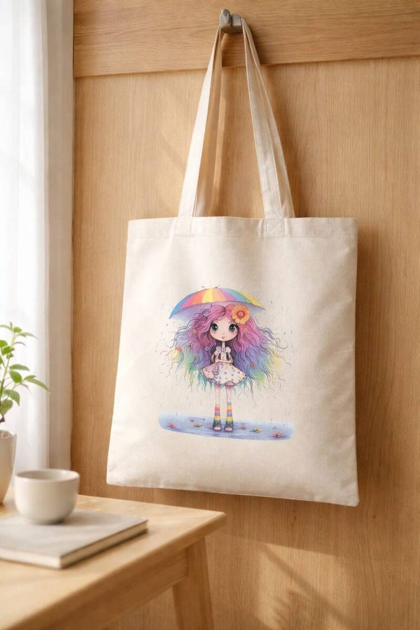 Recycled Cotton Tote Bag - Cute Rainbow Girl Print Eco Friendly Shopping Bag