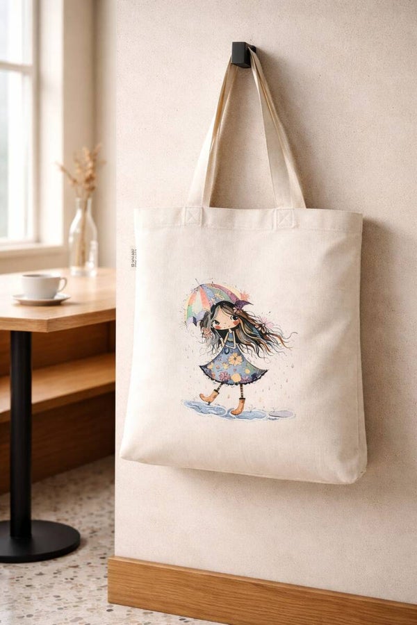 Recycled Cotton Tote Bag - Cute Rainbow Girl Print Eco Friendly Shopping Bag