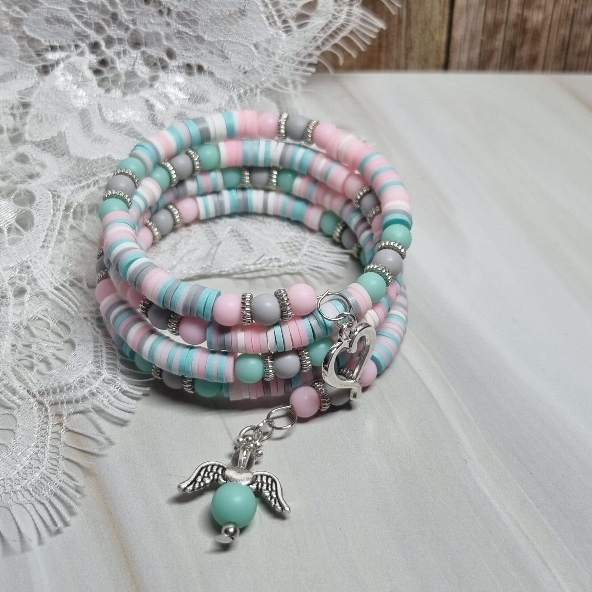 Wikkelarmband roze/mint/grijs