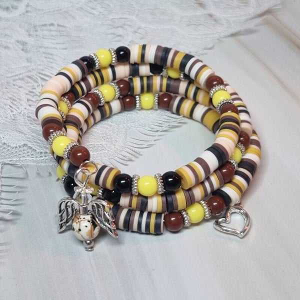 Wikkelarmband bruin/geel/zwart