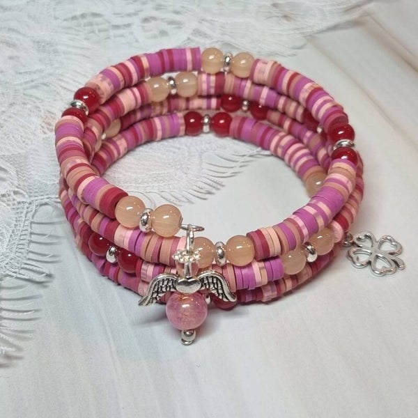 Wikkelarmband rood/zalm/beige/roze