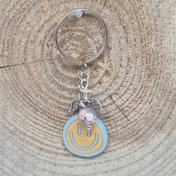 Sleutelhanger smilie blauw/zalm