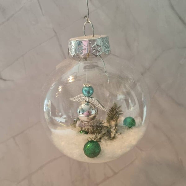 Kerstbal rond zilver-turquoise
