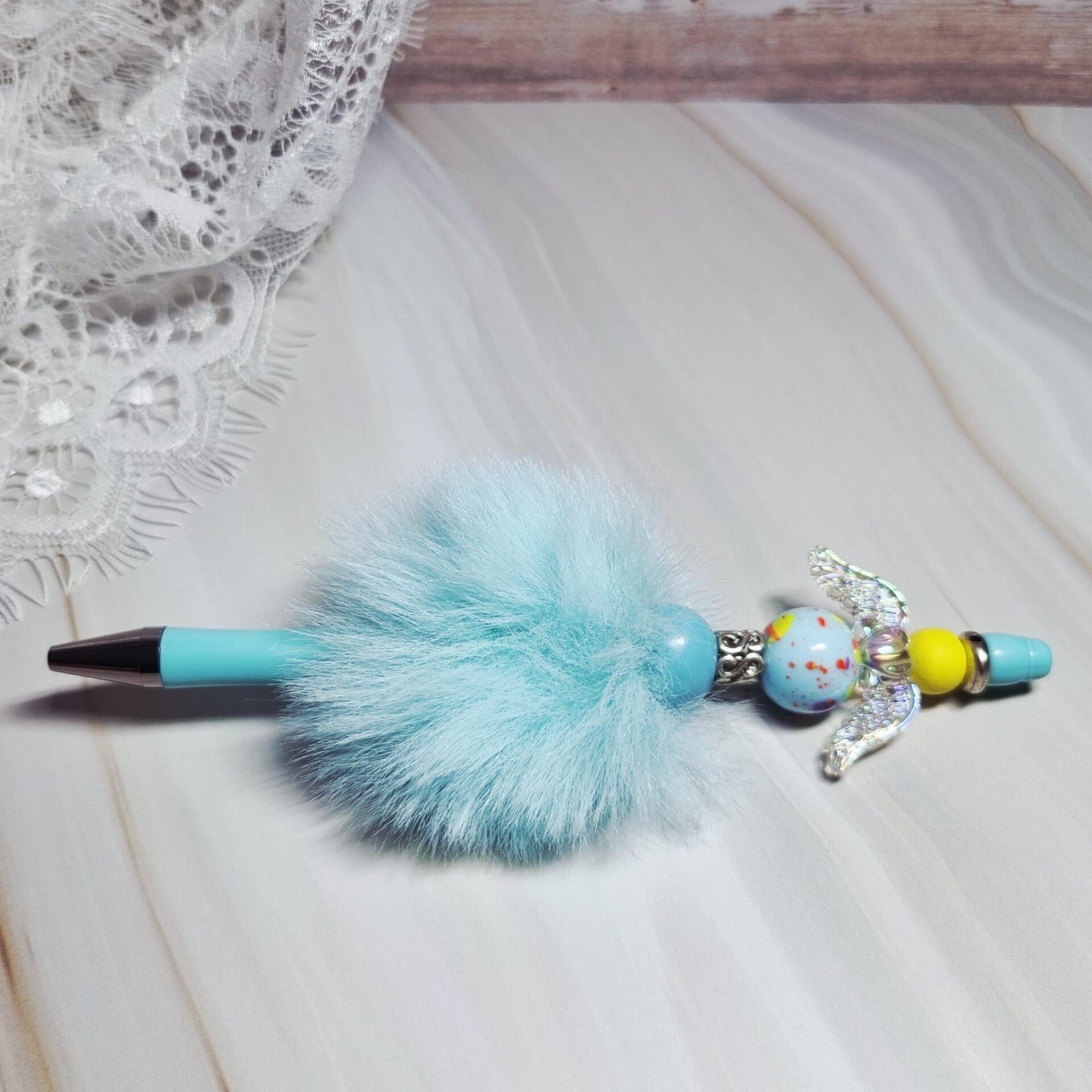Pen fluffy blauw/geel